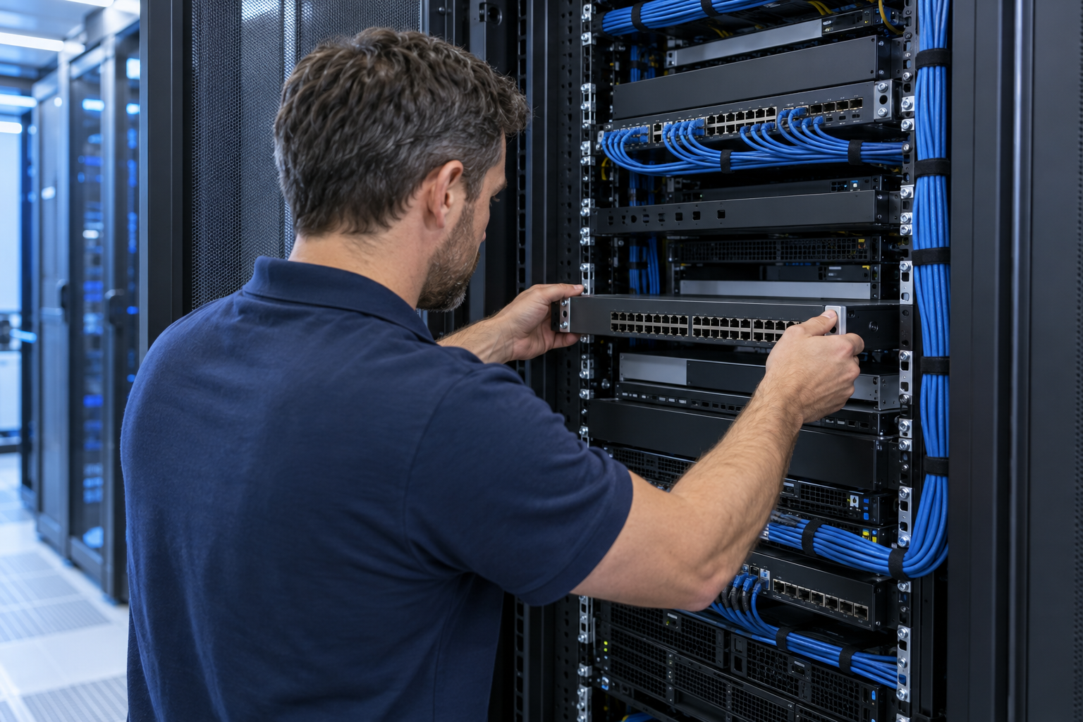 Field technician installing network equipment in a server rack
